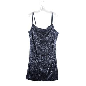 Marina Blue Sequin Spaghetti Strap Cocktail Dress Womens 14 Made In‎ USA NWT